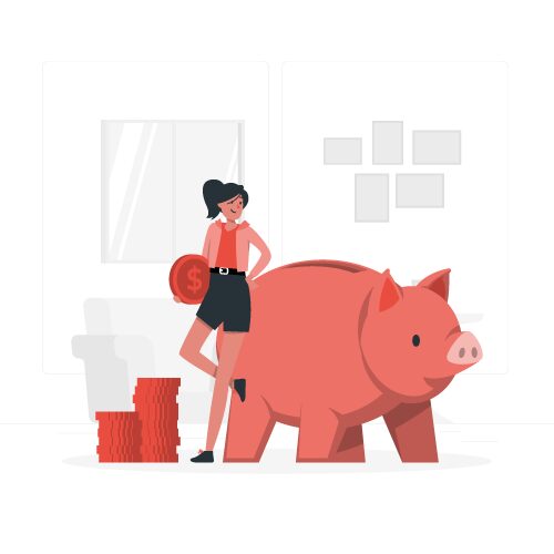 Une jeune femme tient une pièce de monnaie en étant appuyée sur un gigantesque cochon-tirelire